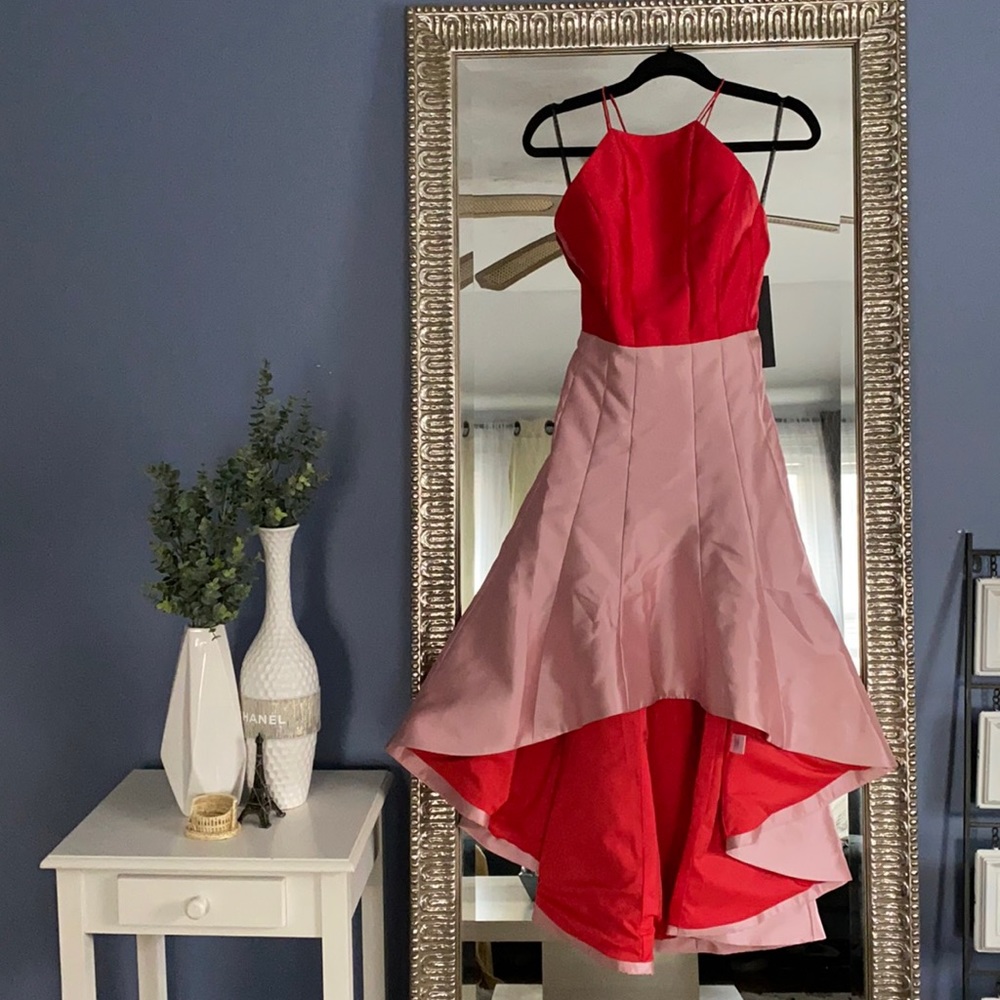 Phoebe couture red pink color-block spaghetti straps crossed high low prom dress